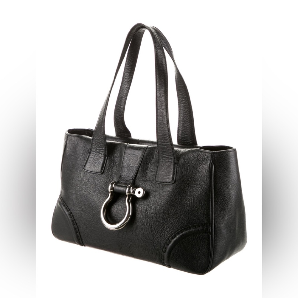 Vintage BURBERRY Black Pebbled Leather Horsebit Silver Shackle Shoulder Bag